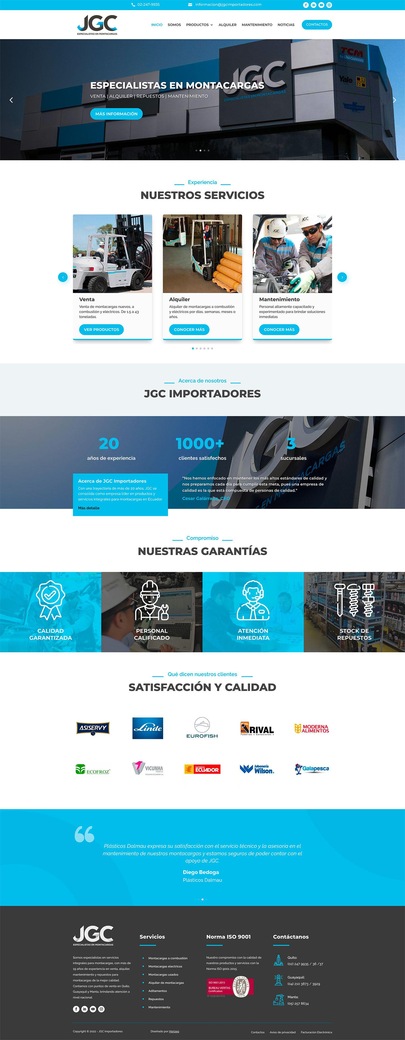 Page d'accueil du site de JGC Importadores, entreprise spécialiste en chariots élévateurs