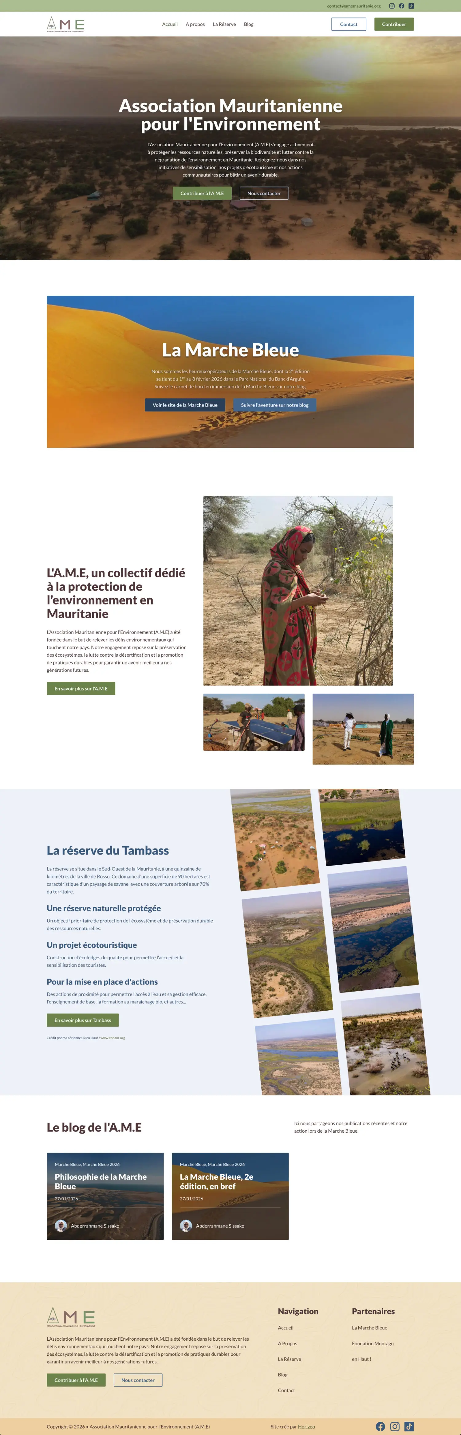 Page d'accueil complète du site vitrine de l'Association Mauritanienne pour l'Environnement