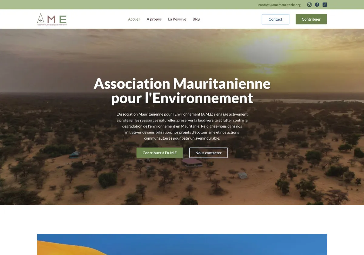 Sommet de la page d'accueil du site vitrine de l'Association Mauritanienne pour l'Environnement