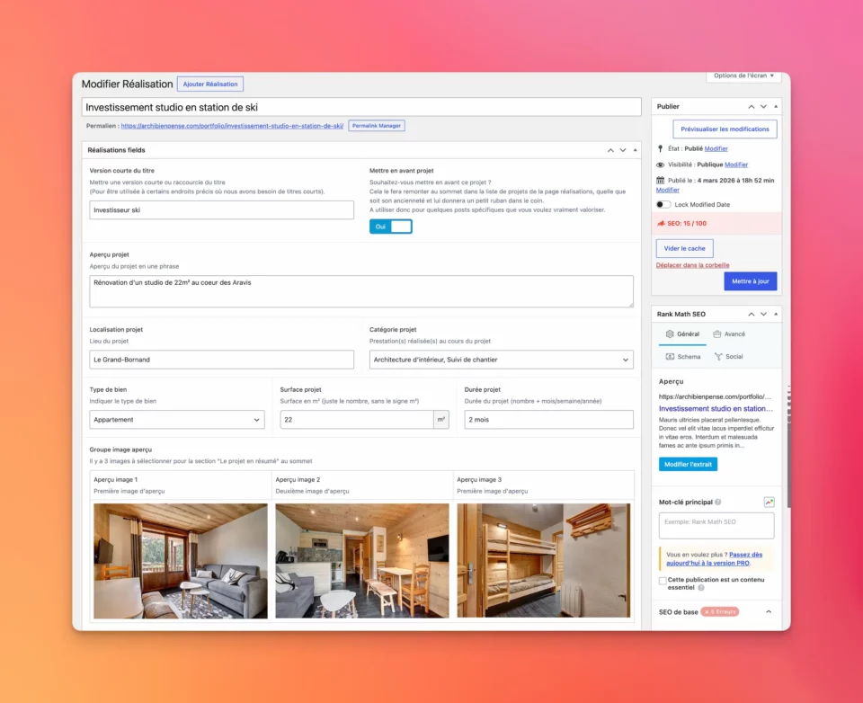 Capture d'écran de l'interface WordPress pour ajouter un projet via un formulaire simple et intuitif.
