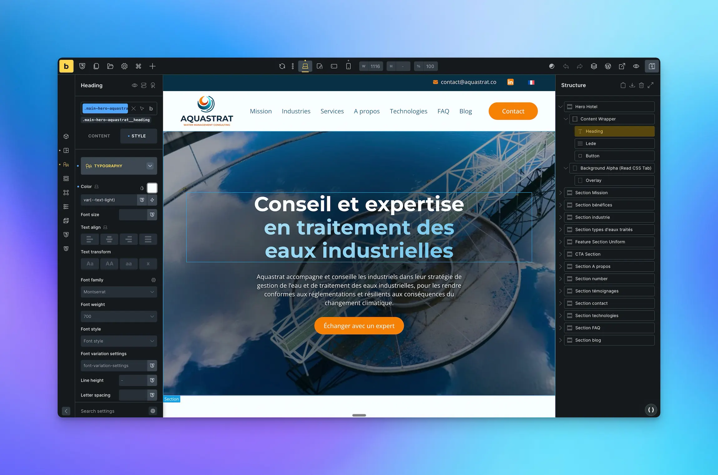 Capture d'écran de la création d'un site avec l'outil de développement web Bricks Builder pour Wordpress