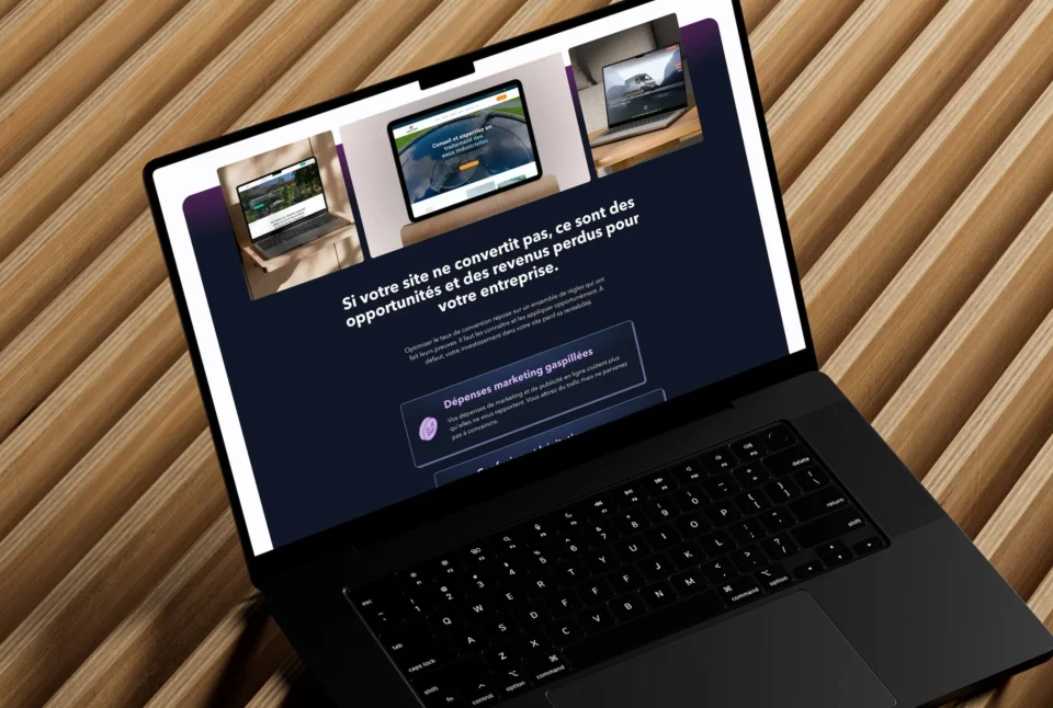 Photo d'un ordinateur affichant une landing page, optimisée pour la conversion.