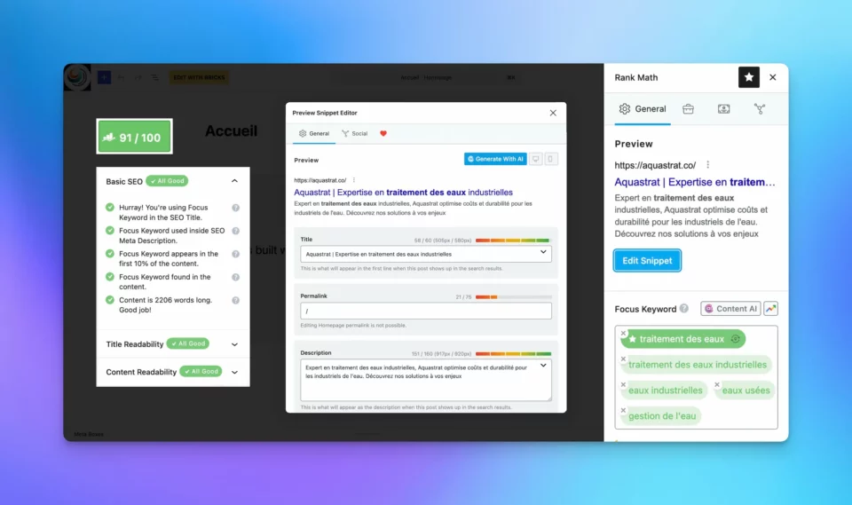 Capture d'écran du plugin Rankmath SEO sur une page dont le contenu a été optimisé pour le référencement et avec un score de 91/100