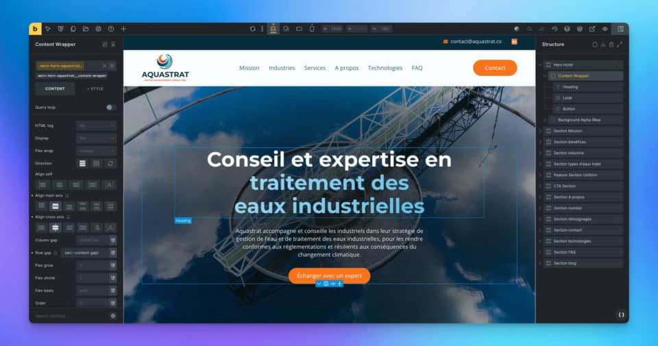Capture d'écran du développement d'un site web sur Bricks, un visual builder moderne et à l'état de l'art pour Wordpress - Processus de création de sites web performants