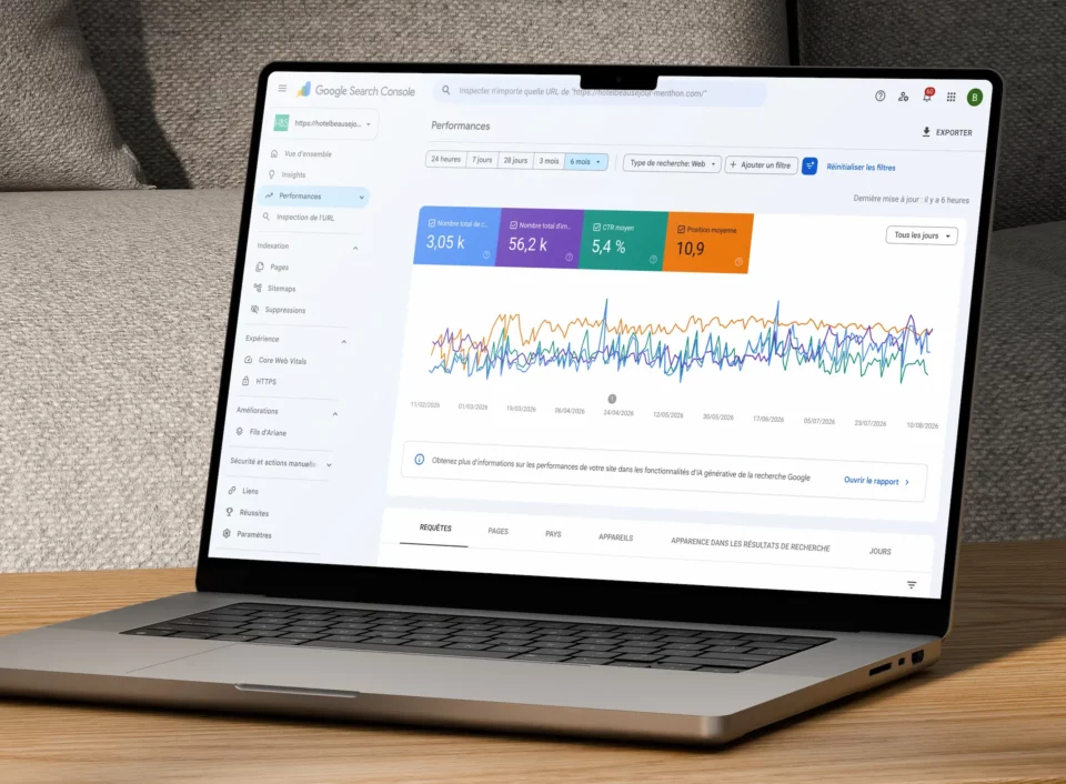 Photo d'un ordinateur affichant une page de Google Search Console avec un rapport de performance SEO et référencement en train de progresser.