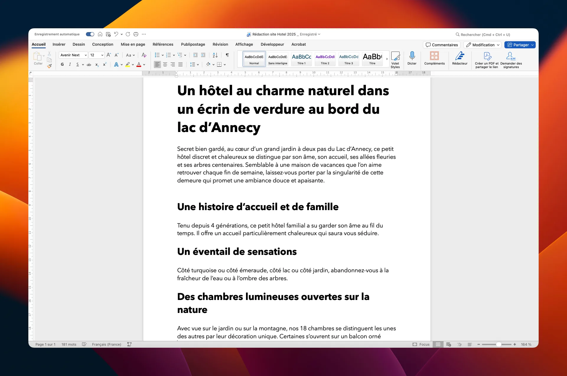 Capture d'écran d'un fichier Word avec la rédaction web du site de l'Hôtel Beau Séjour au bord du lac d'Annecy