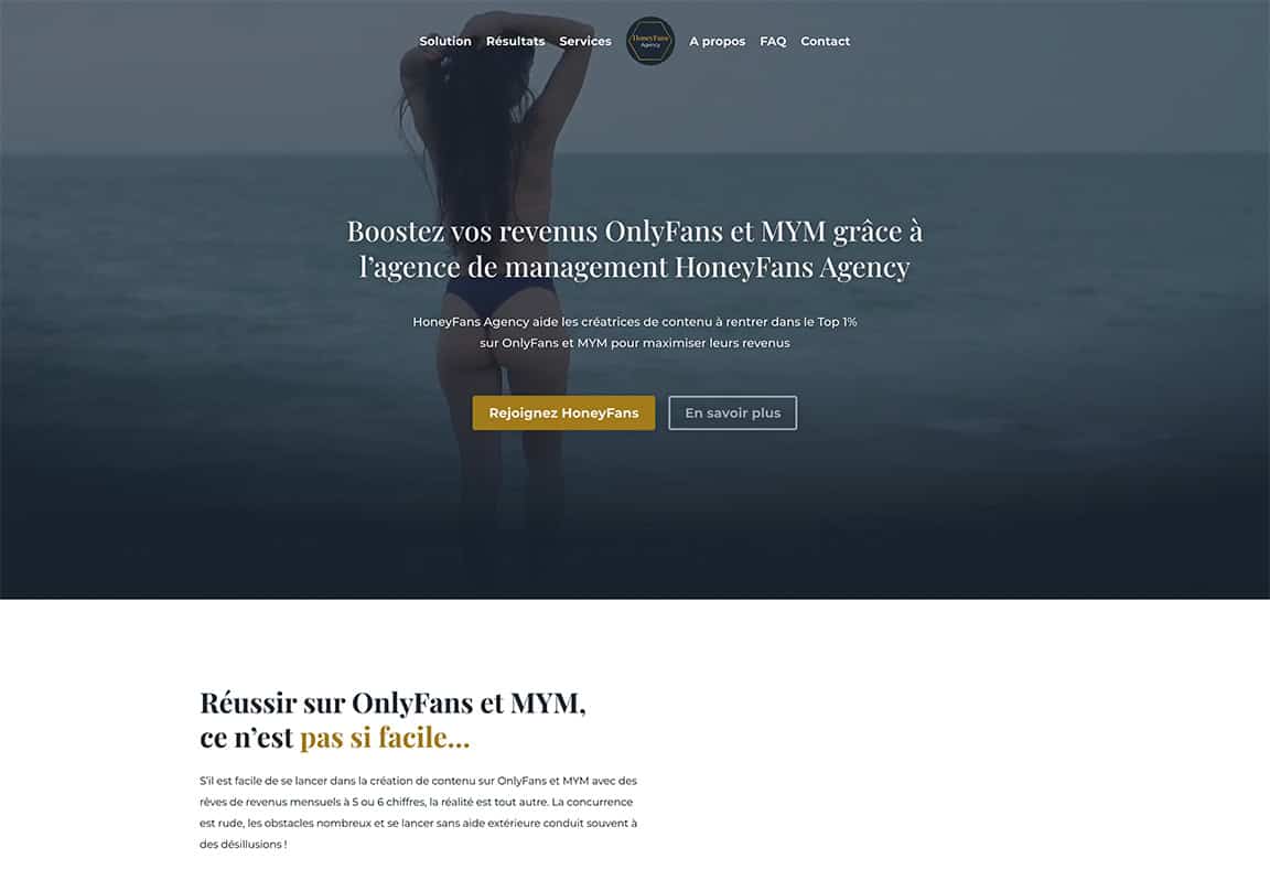 Capture d'écran de la home page du site web de HoneyFans Agency, une agence de management de comptes OnlyFans & MYM