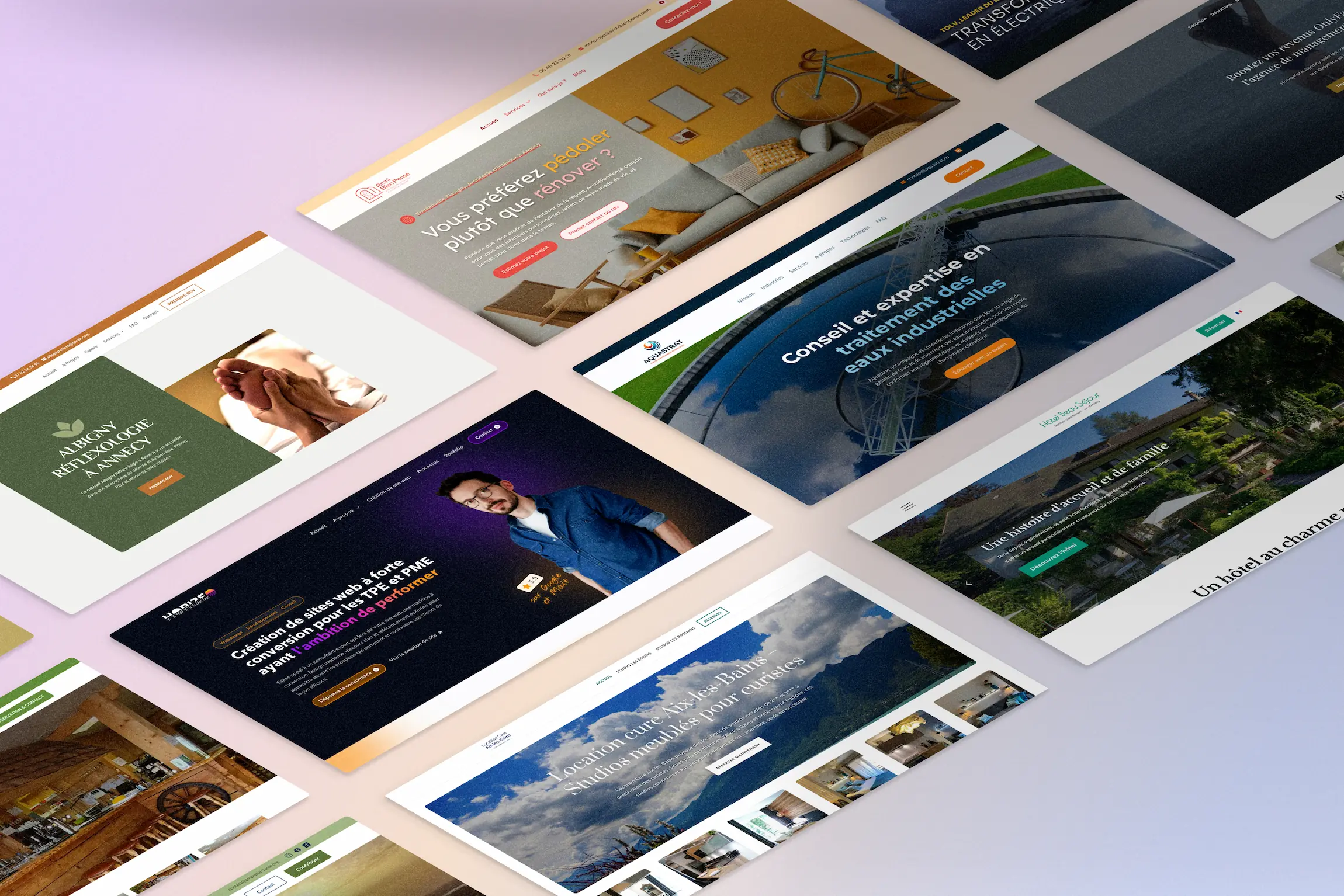 Un assemblage en isométrique de mes réalisations de web design - Service de web design